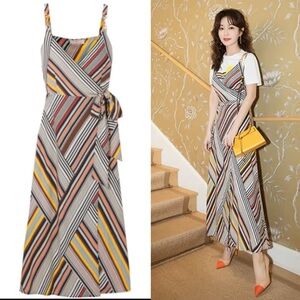 Tory Burch Runway SS2019 Hook-Embellished Striped Crepe-Jersey Midi Wrap Dress 3